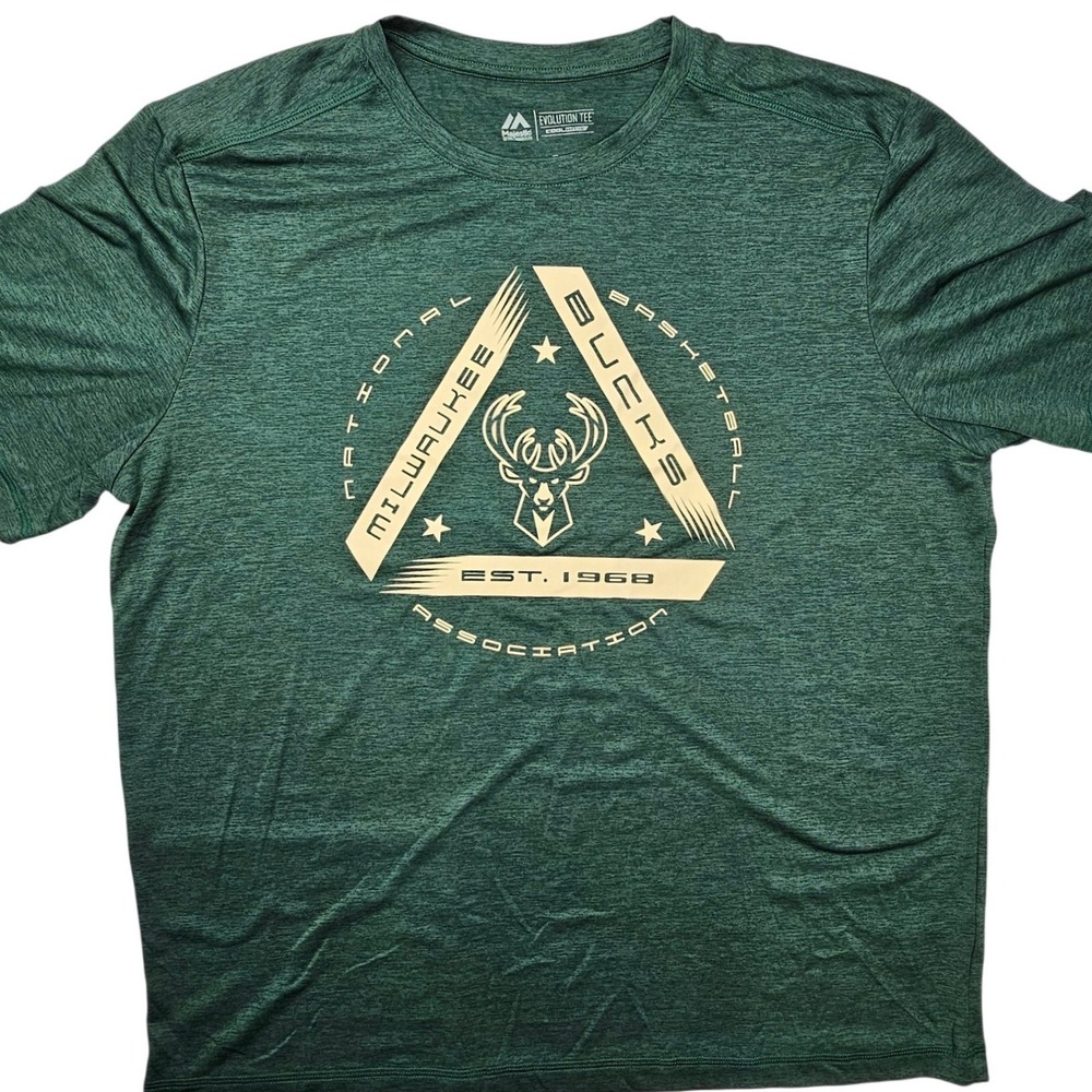 Majestic Milwaukee Bucks NBA Evolution Green Heathered Shirt Mens XL CoolBase‎